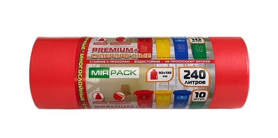 Мешки для мусора 240 л, 45 мкм, ПВД, в рулоне 10 штук, красные, 93x130 см, Премиум, Усиленные - Вид 1